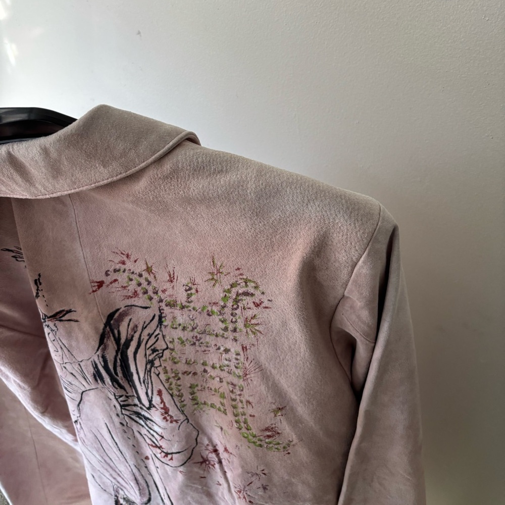 Vintage Ethereal Pastel Pink Painted Geisha Retro Indie Midi Suede Jacket Large - Picture 13 of 14